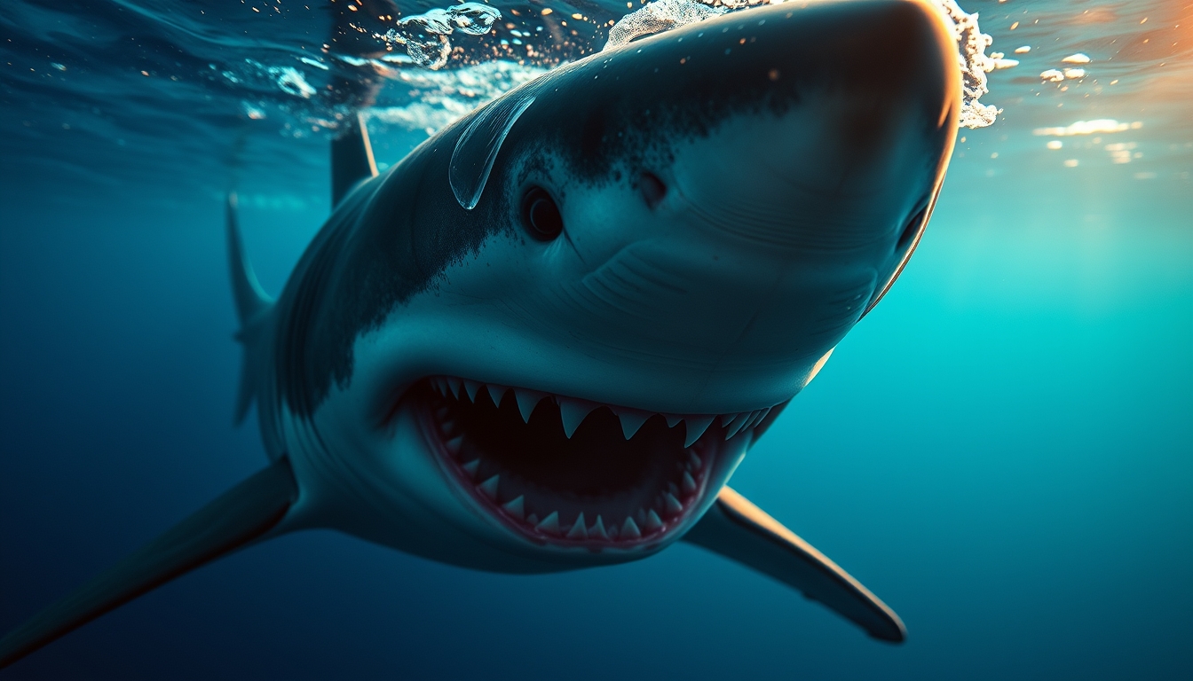 shark underwater menacing in editorial style