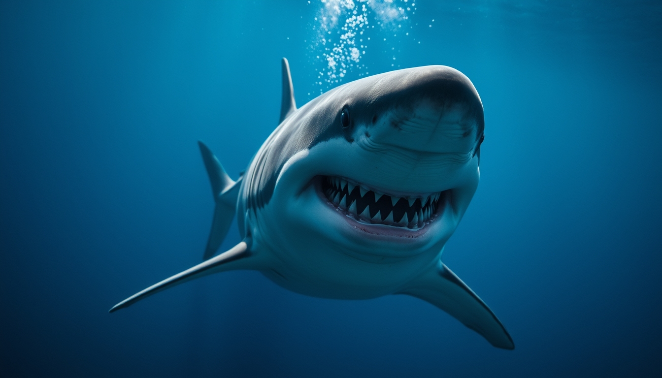 shark underwater menacing in editorial style