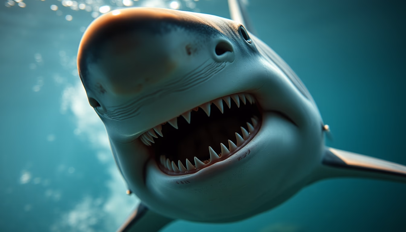 shark underwater menacing in editorial style
