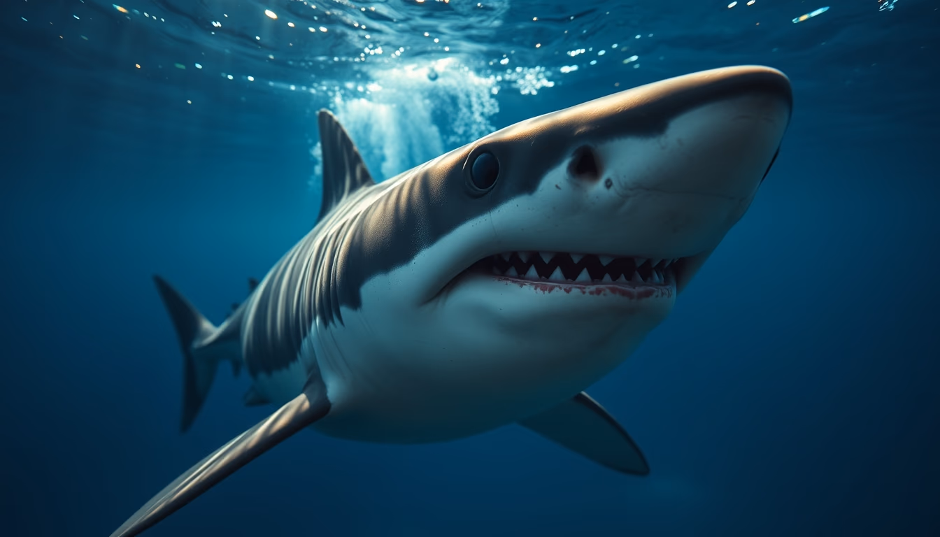 shark underwater menacing in editorial style