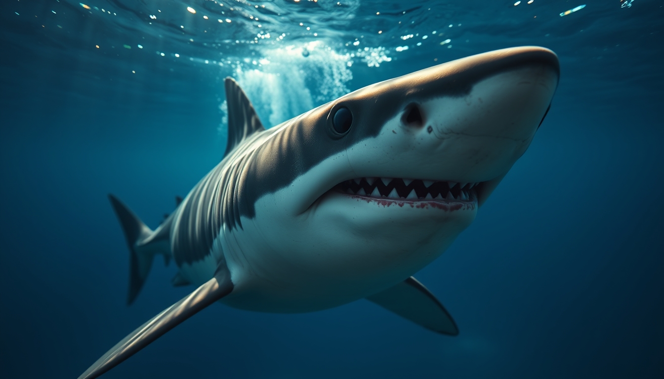 shark underwater menacing in editorial style