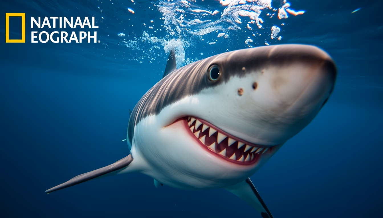 shark underwater menacing in editorial style