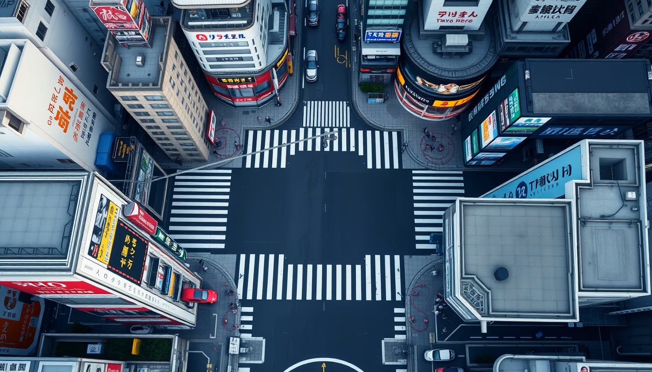 shibuya crossing aerial in editorial style