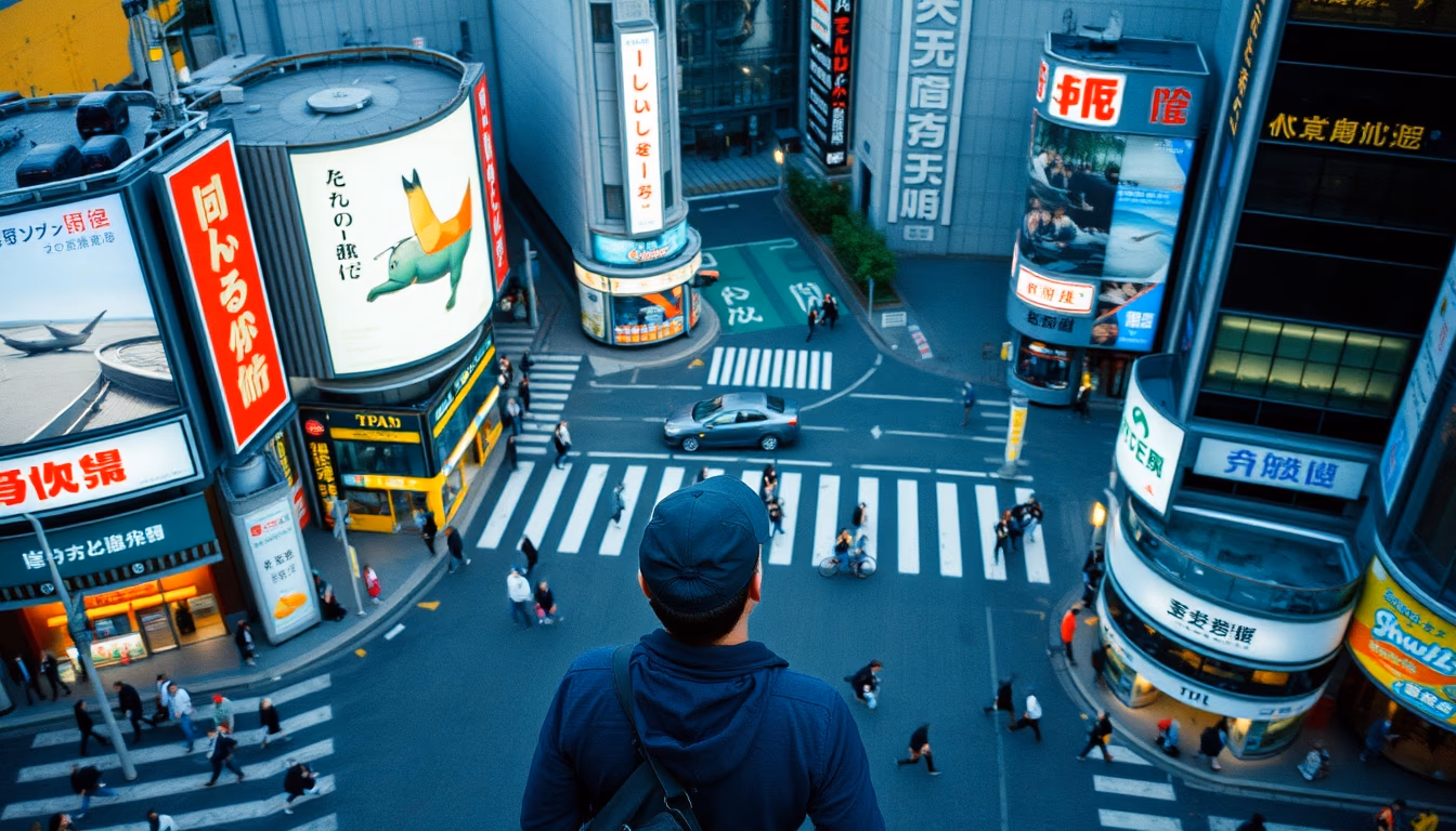 shibuya crossing aerial in editorial style