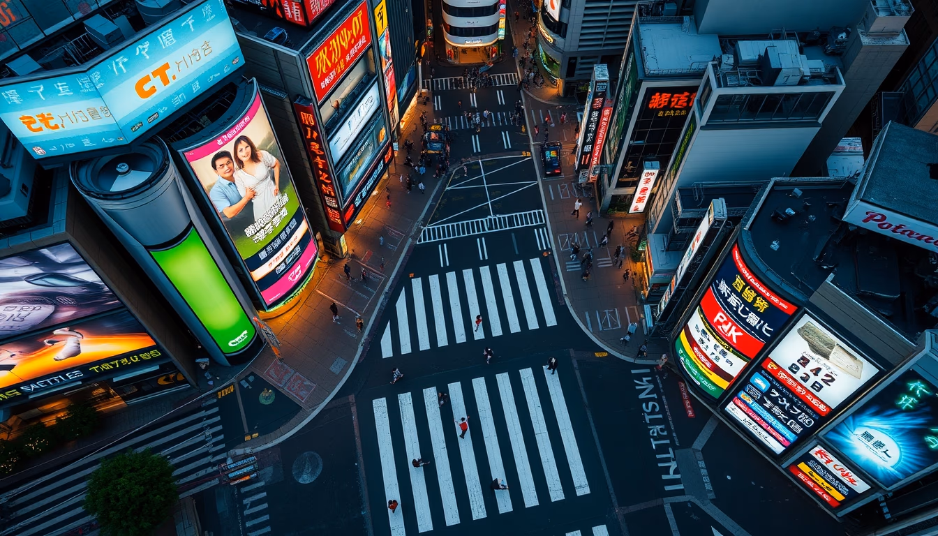 shibuya crossing aerial in editorial style