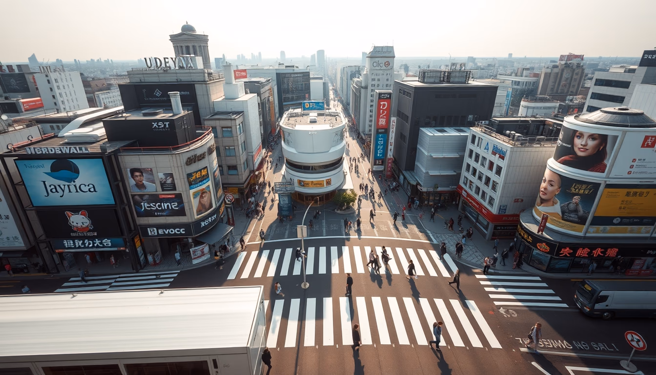 shibuya crossing aerial in editorial style