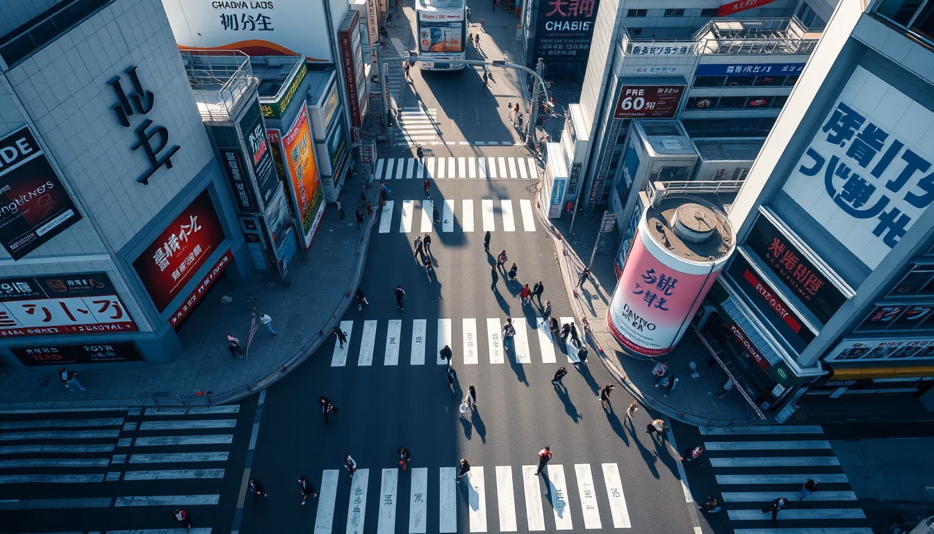 shibuya crossing aerial in editorial style