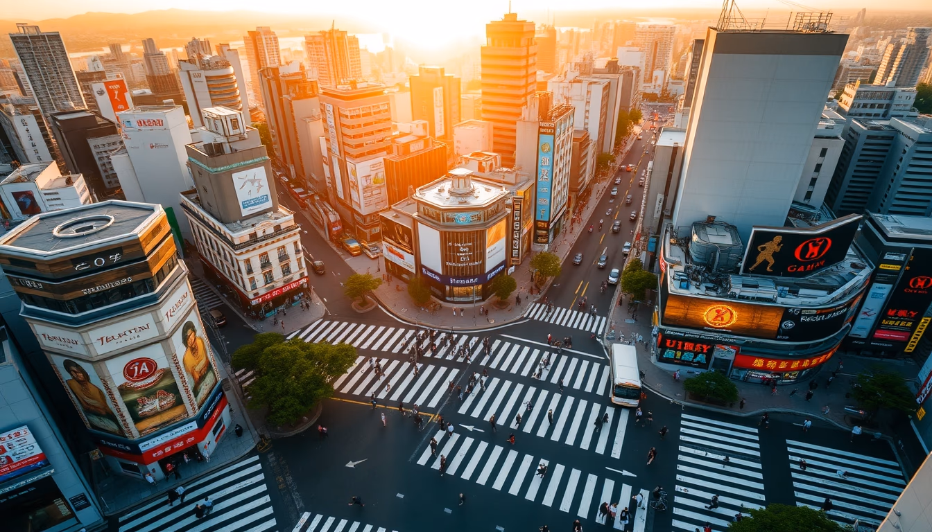 shibuya crossing aerial in editorial style