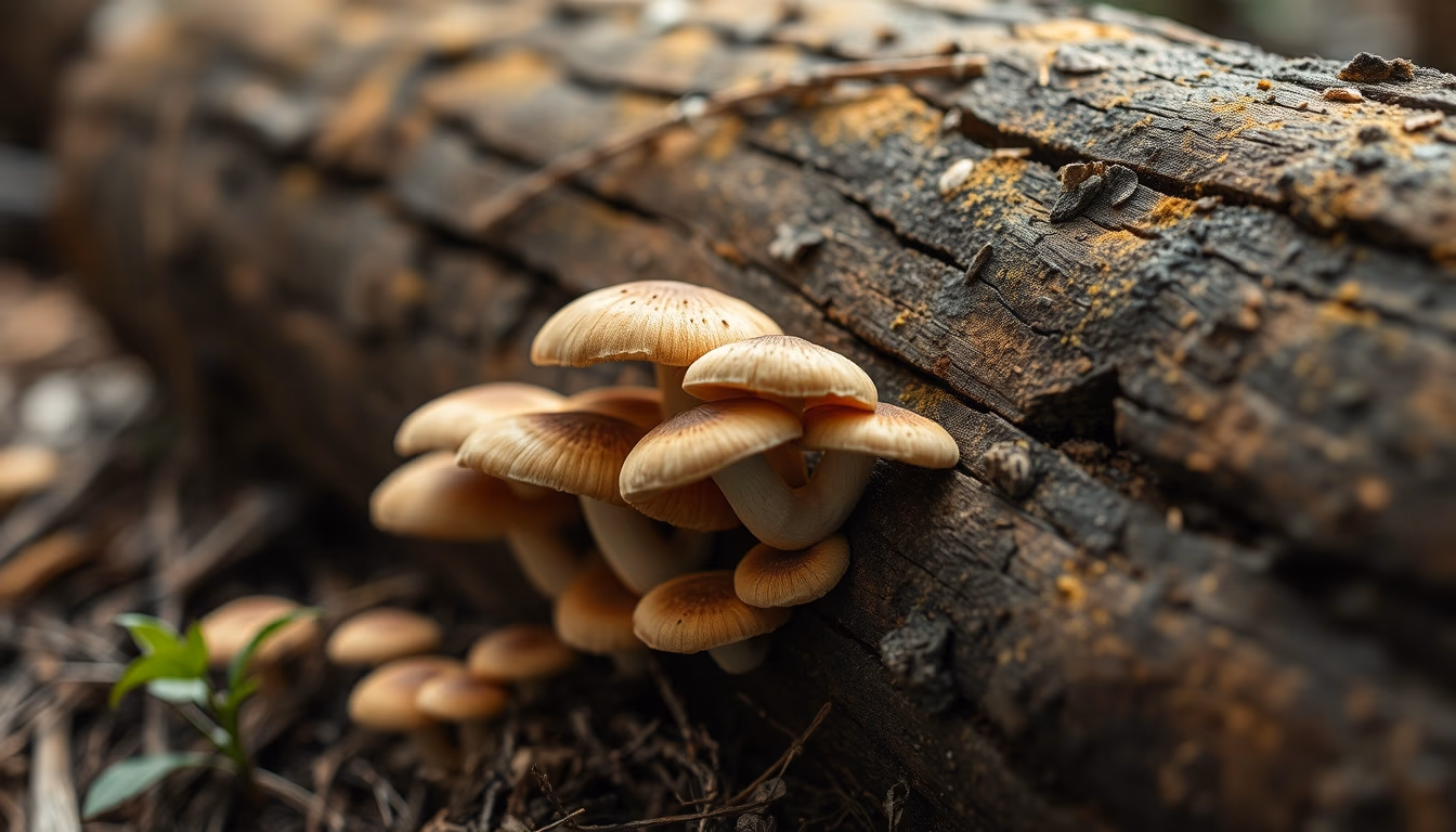 shiitake log growing in editorial style