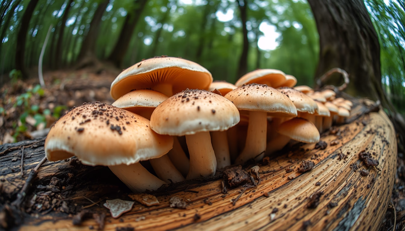 shiitake log growing in editorial style