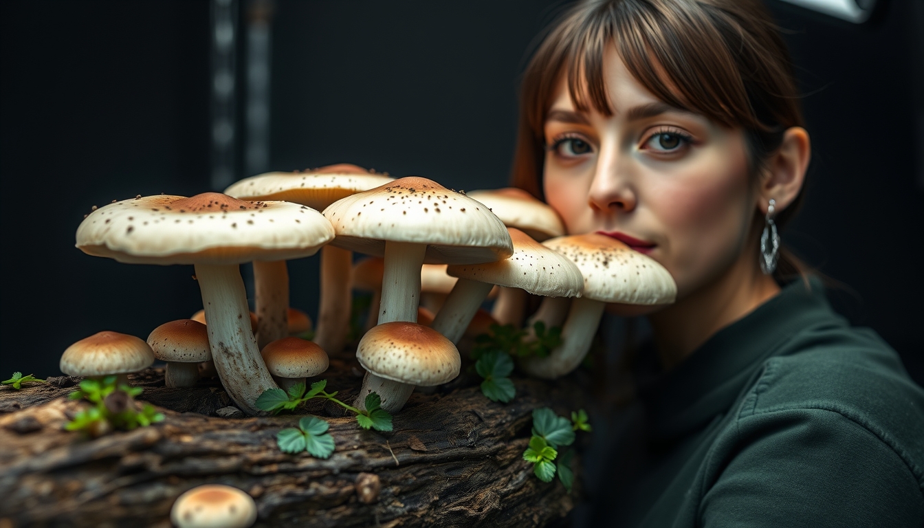 Shiitake log growing em estilo editorial