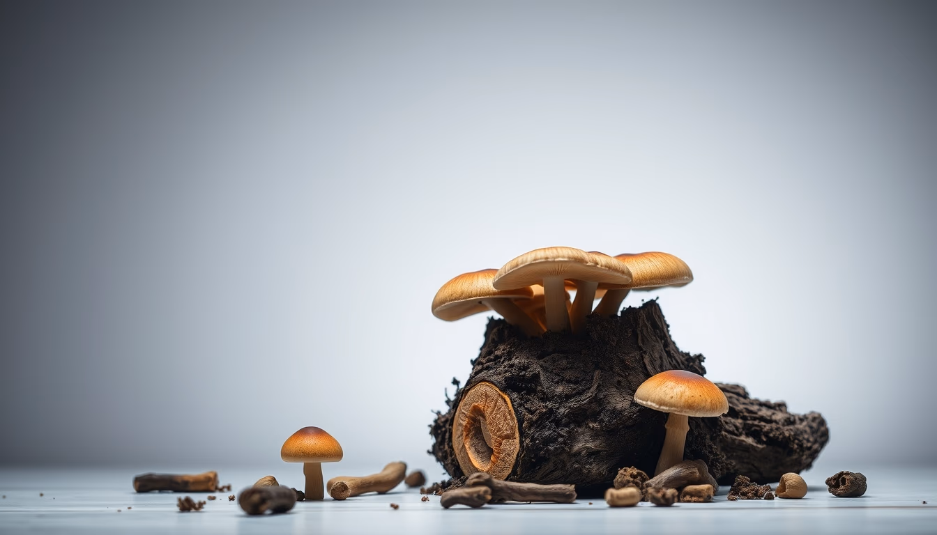 shiitake log growing in editorial style