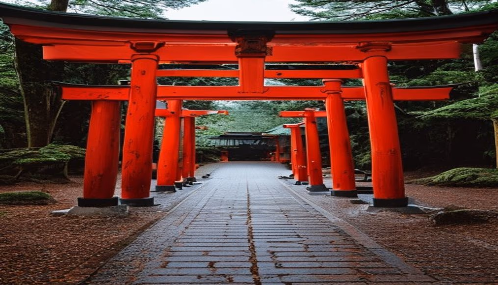 Santuário xintoísta torii red em estilo editorial