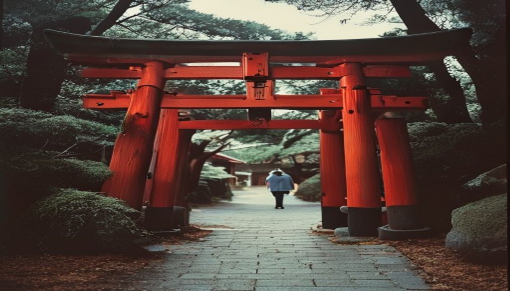 shinto shrine torii red in editorial style
