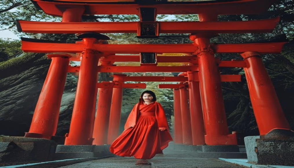 shinto shrine torii red in editorial style