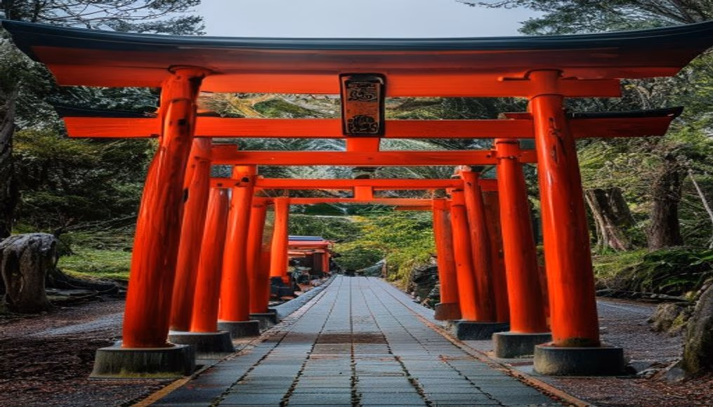 shinto shrine torii red in editorial style
