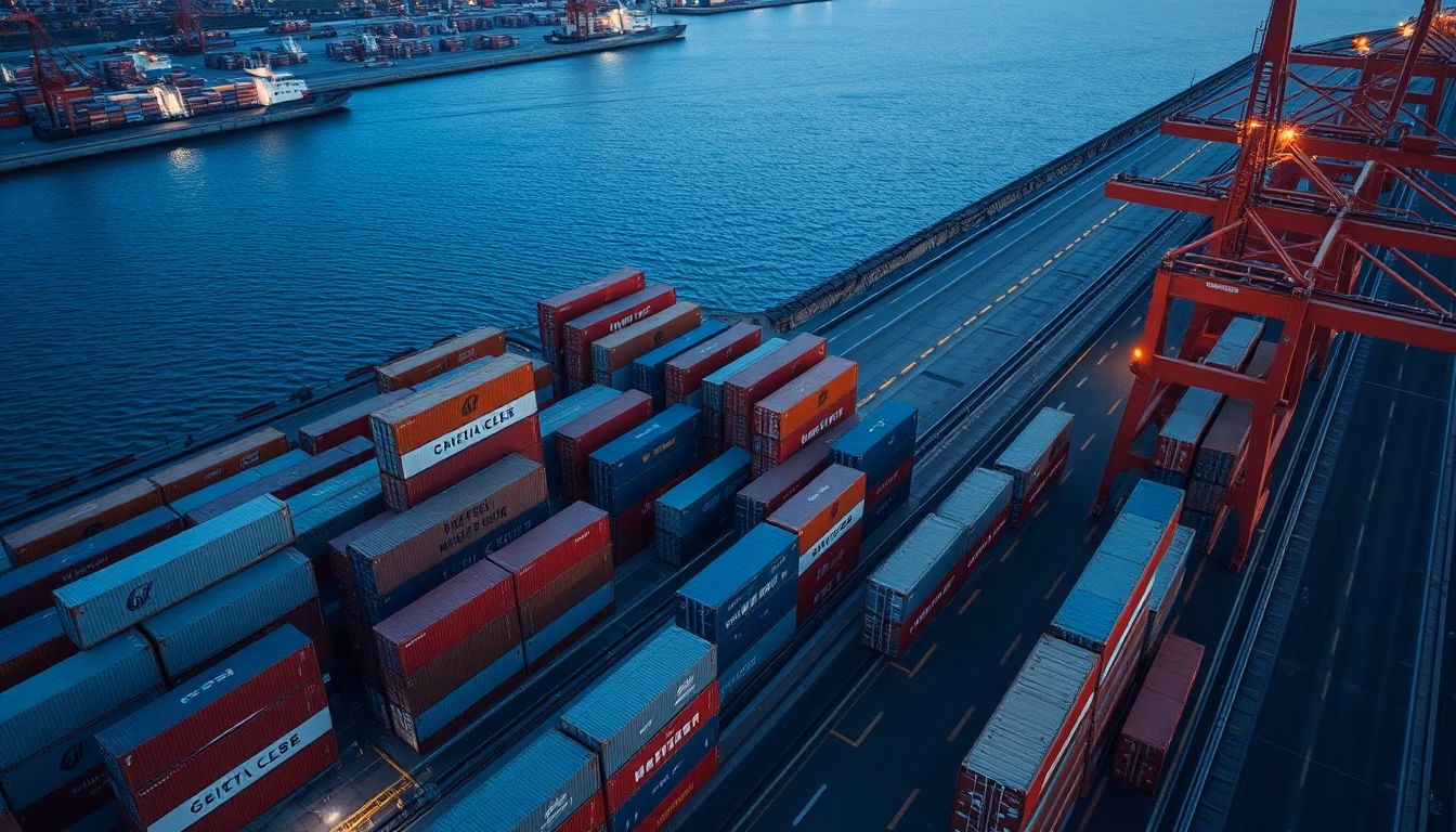 shipping containers stacked port in editorial style