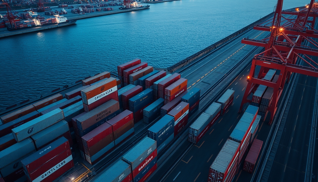 shipping containers stacked port in editorial style