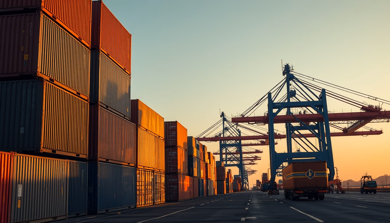 shipping containers stacked port in editorial style