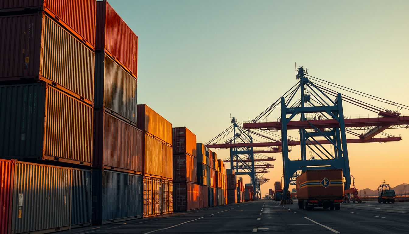 shipping containers stacked port in editorial style