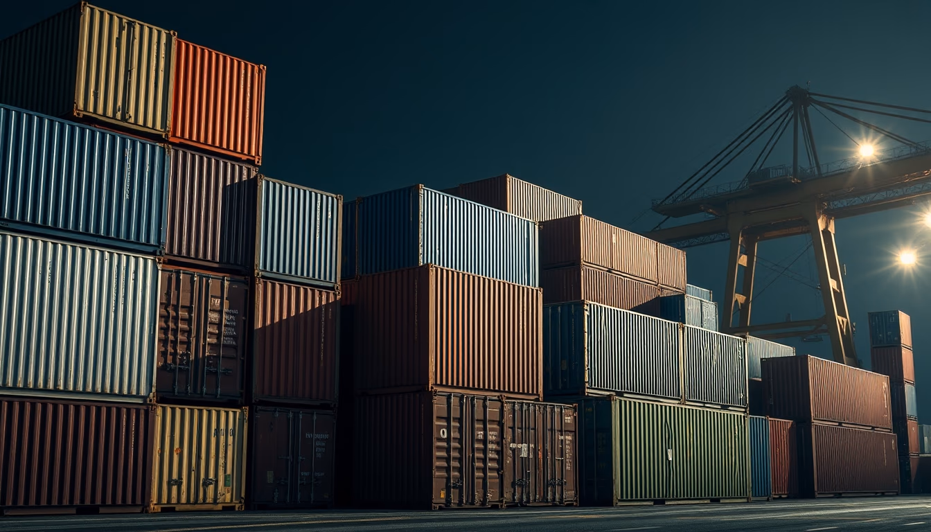 shipping containers stacked port in editorial style