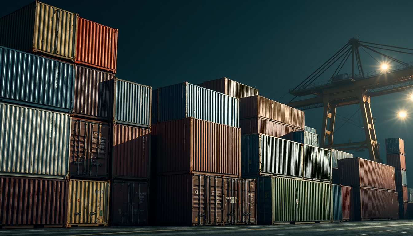 shipping containers stacked port in editorial style