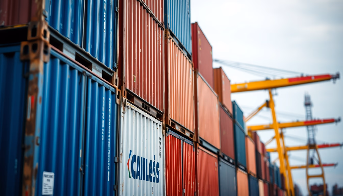 shipping containers stacked port in editorial style