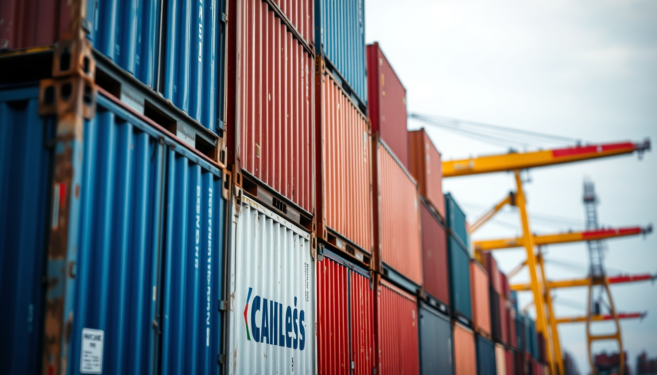 shipping containers stacked port in editorial style