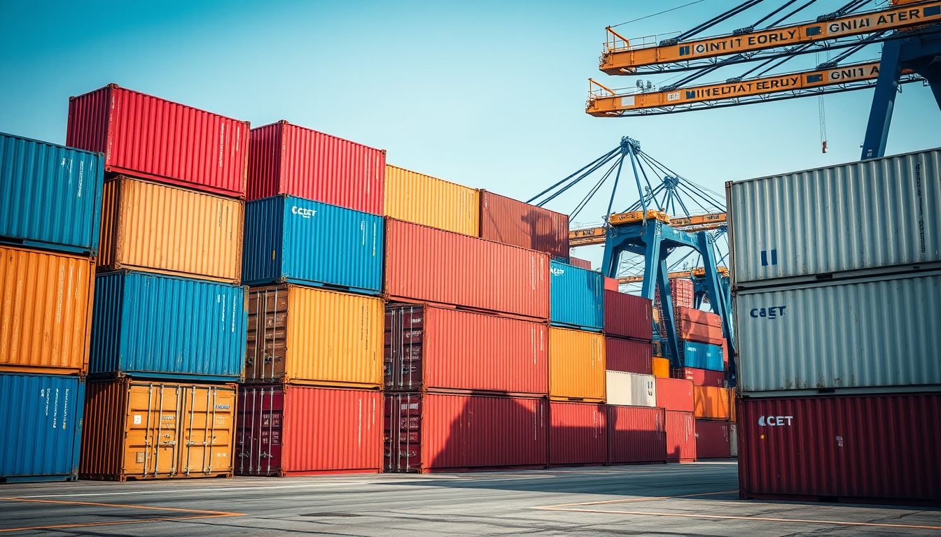 shipping containers stacked port in editorial style