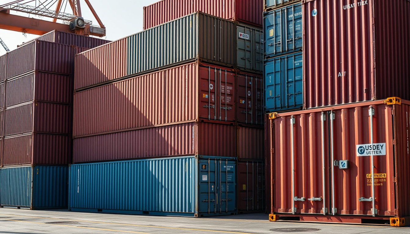 shipping containers stacked port in editorial style