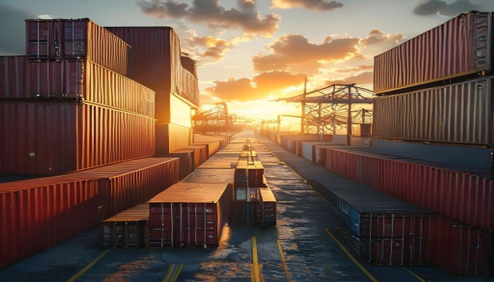 shipping containers stacked port in editorial style