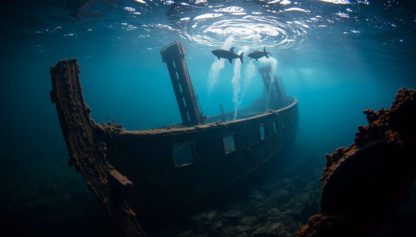 shipwreck underwater old in editorial style