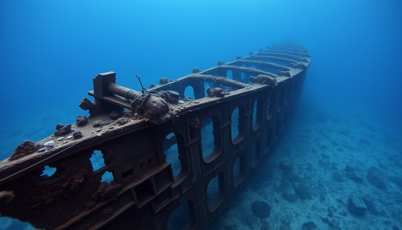 shipwreck underwater old in editorial style