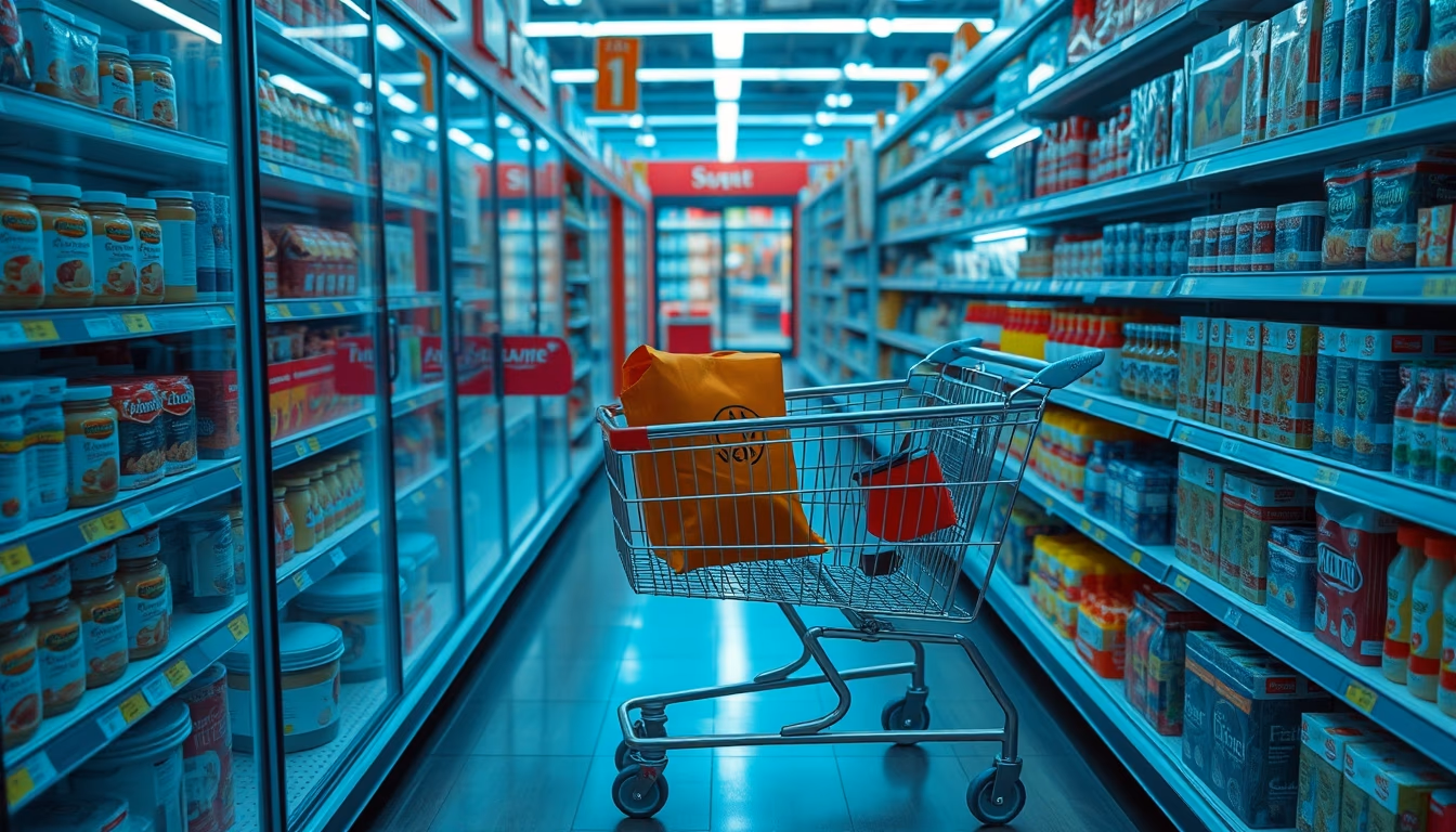 shopping cart in supermarket aisle in editorial style