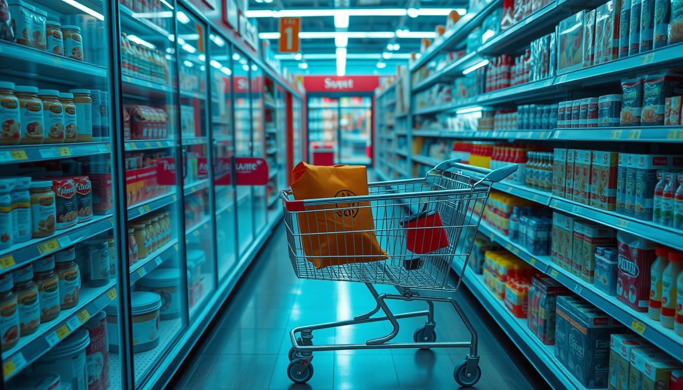 shopping cart in supermarket aisle in editorial style