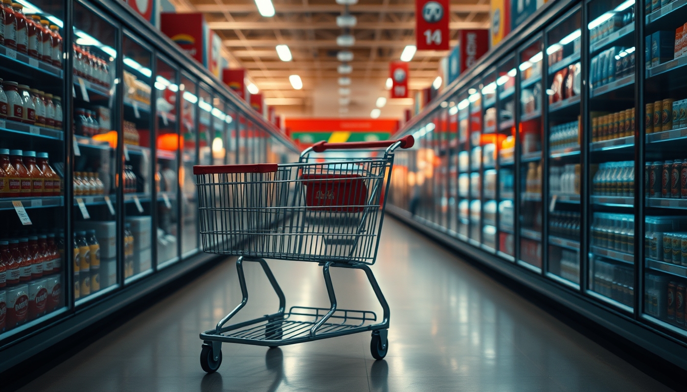 shopping cart in supermarket aisle in editorial style