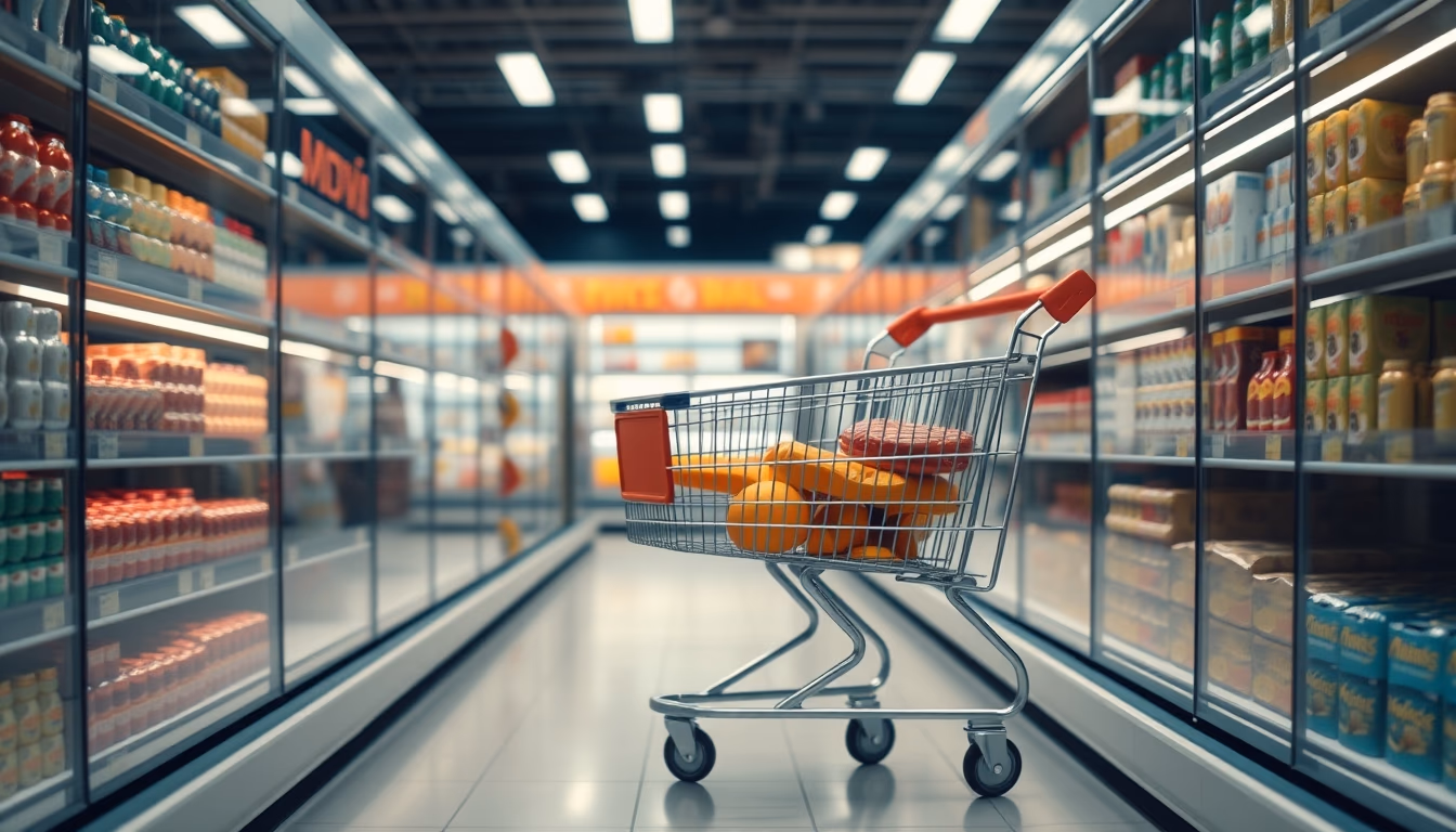 shopping cart in supermarket aisle in editorial style