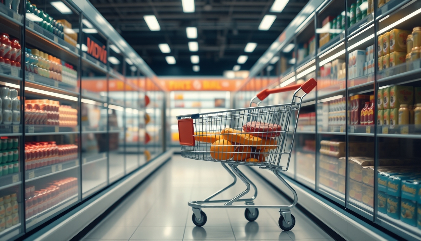 shopping cart in supermarket aisle in editorial style