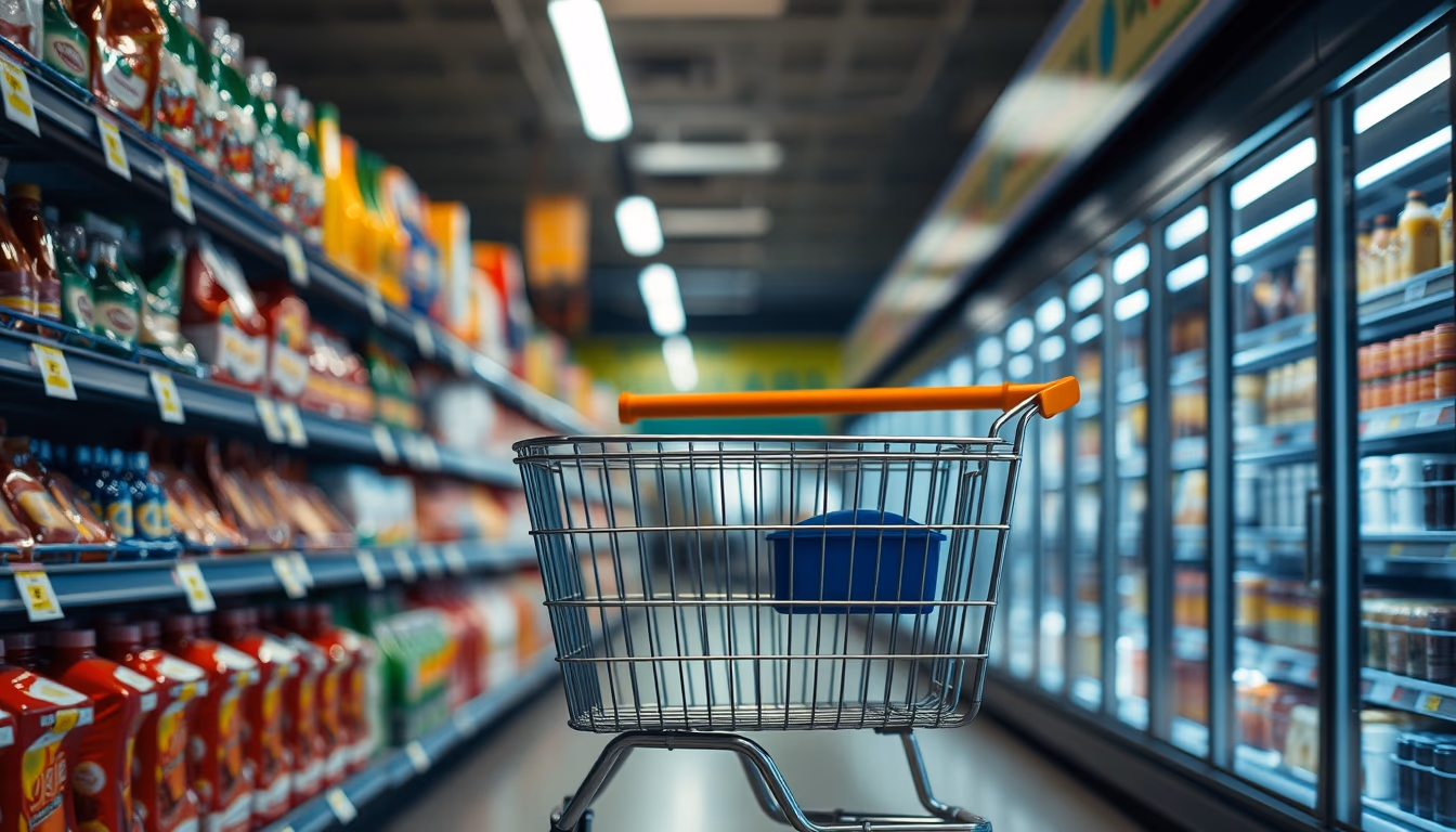 Shopping cart in supermarket aisle em estilo editorial