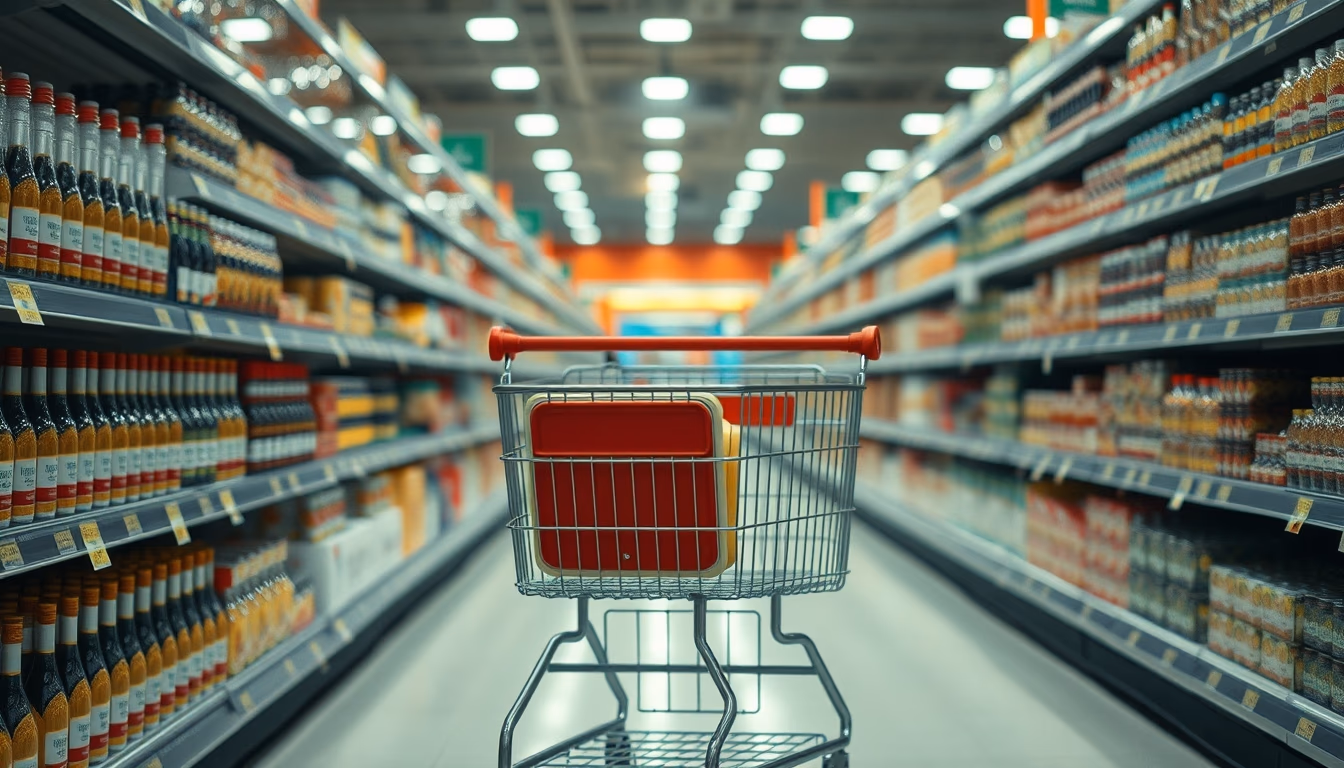 shopping cart in supermarket aisle in editorial style
