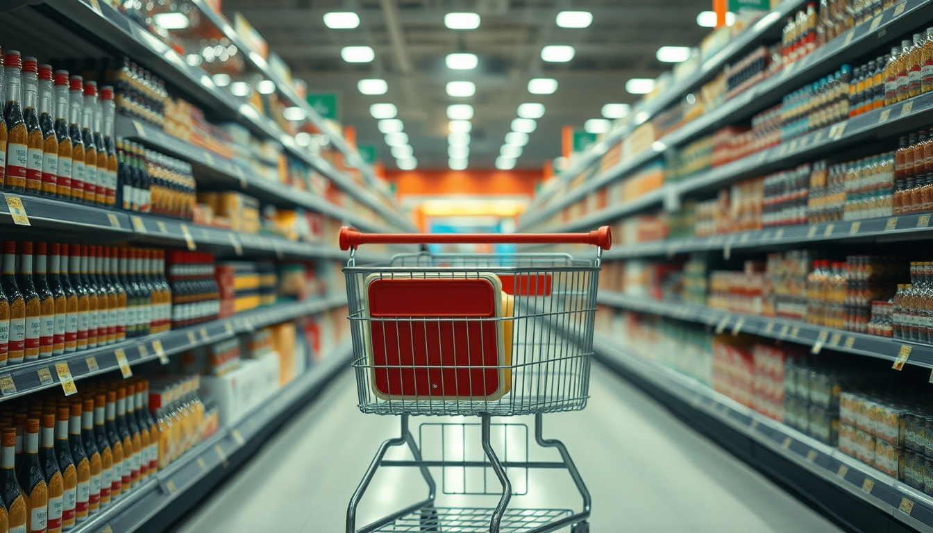 shopping cart in supermarket aisle in editorial style
