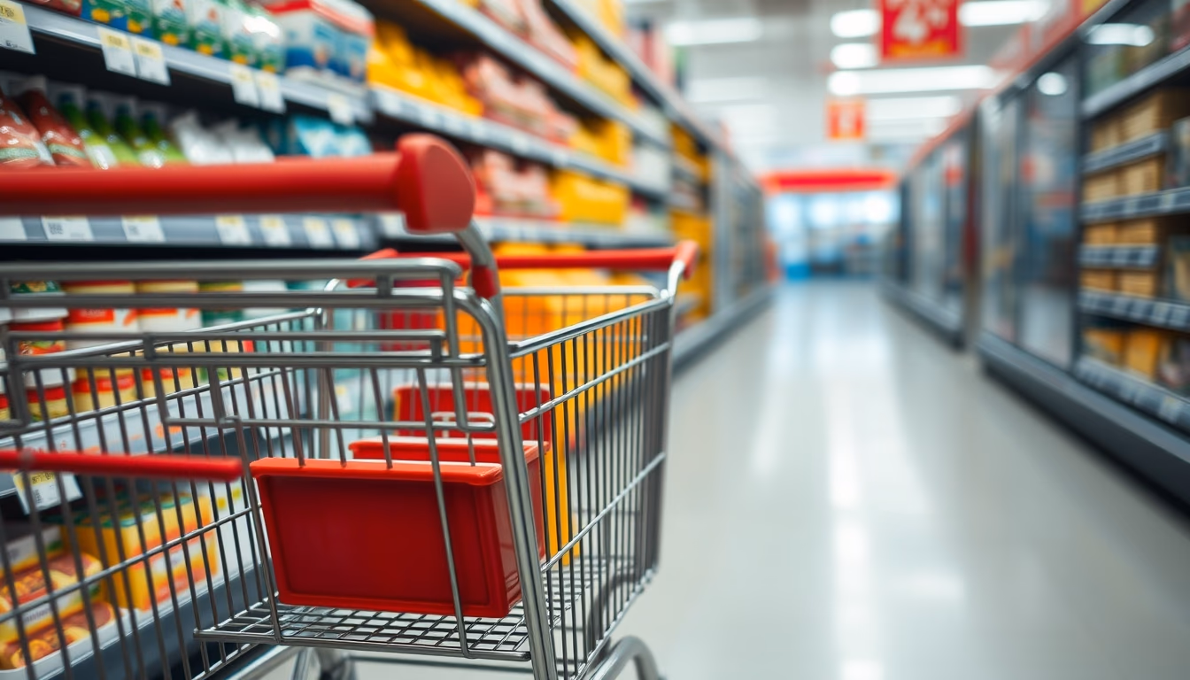 Shopping cart in supermarket aisle em estilo editorial