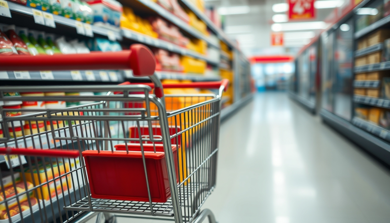 shopping cart in supermarket aisle in editorial style