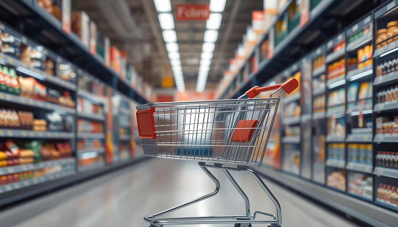 shopping cart in supermarket aisle in editorial style