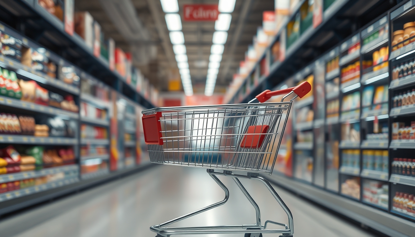 shopping cart in supermarket aisle in editorial style