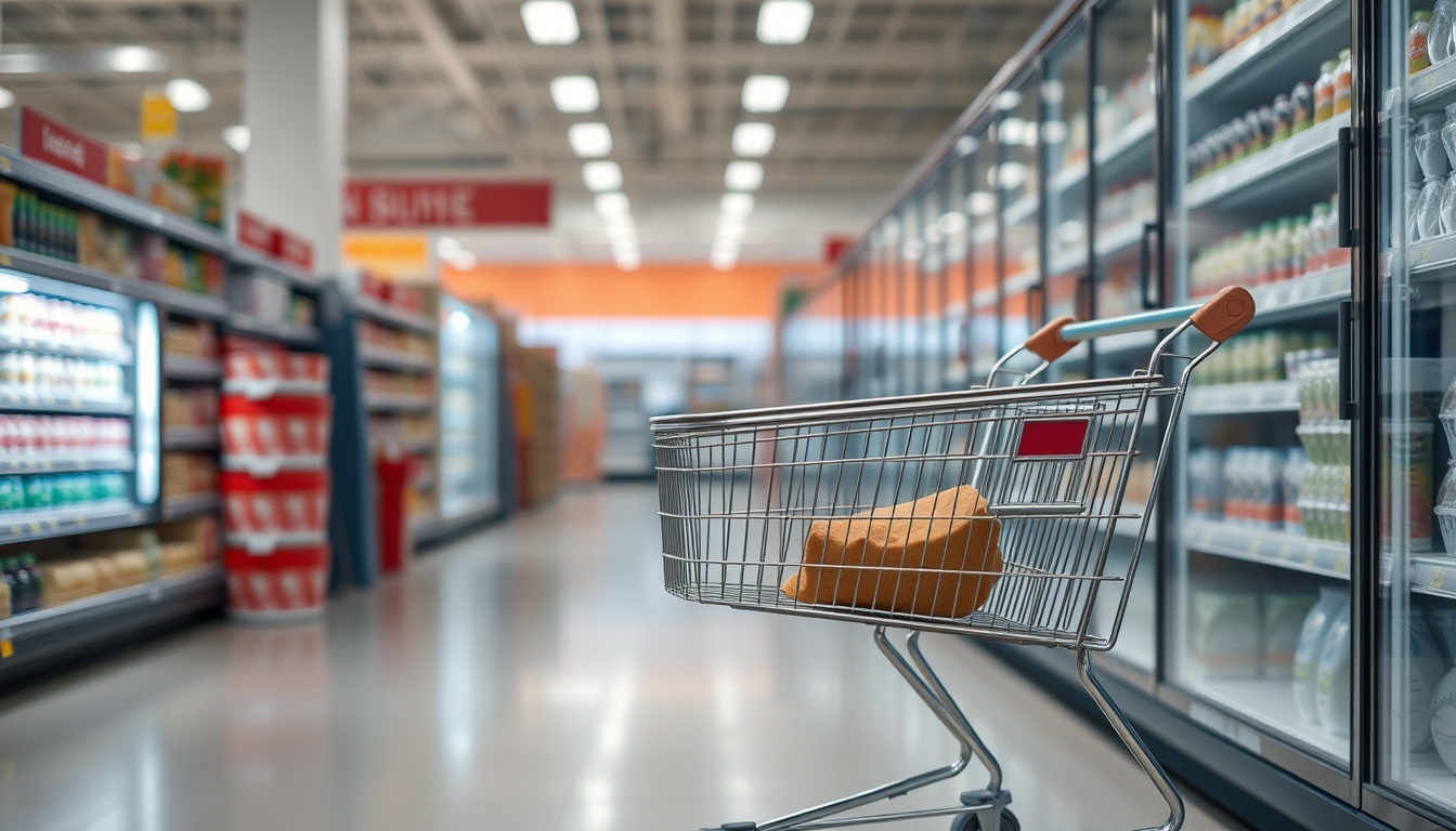 shopping cart in supermarket aisle in editorial style