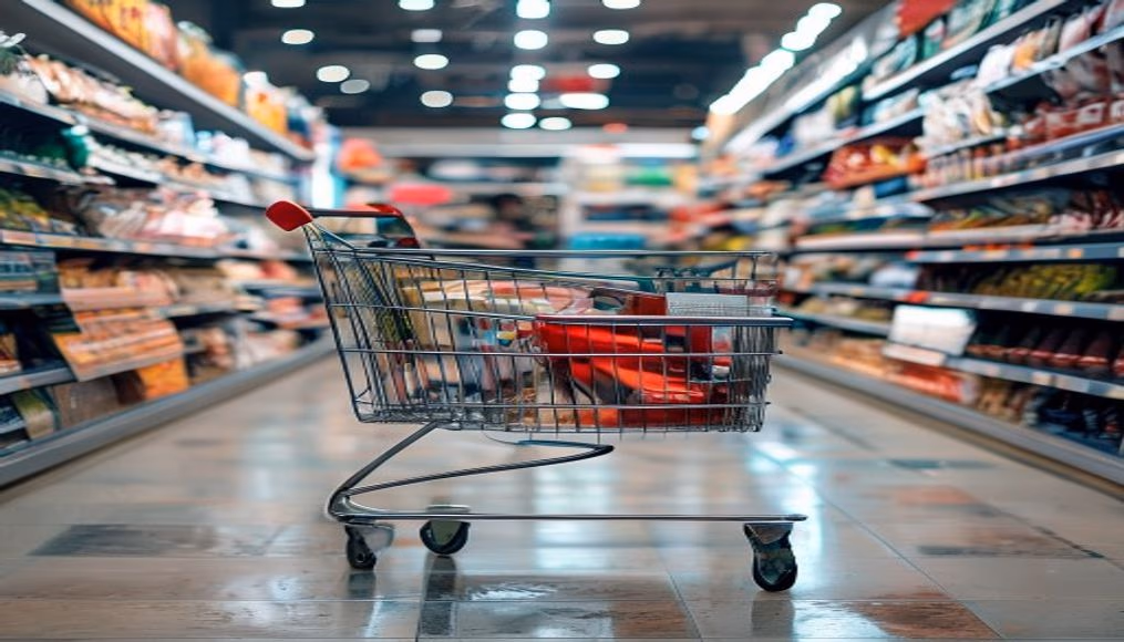 shopping cart in supermarket aisle in editorial style