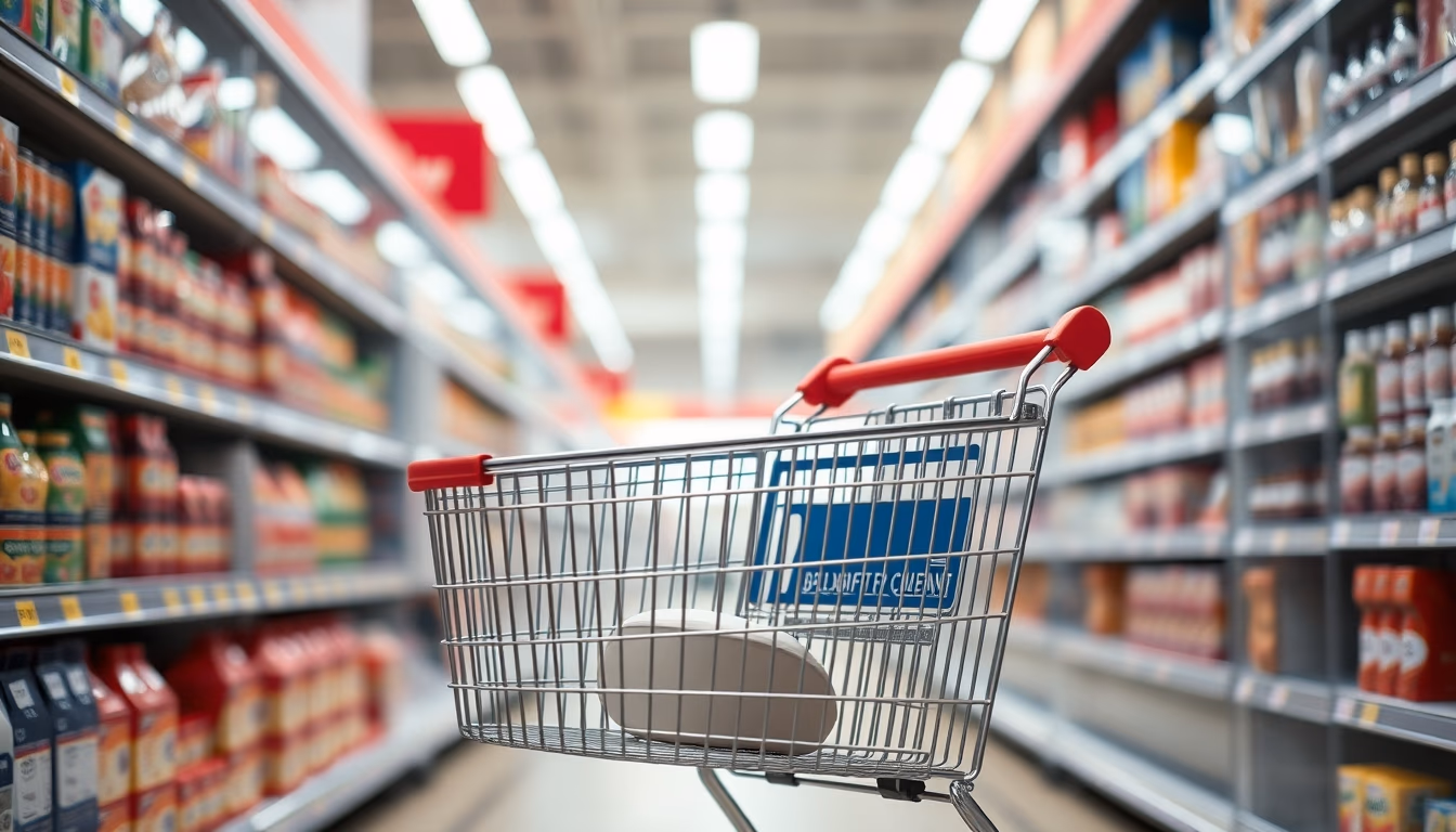 Shopping cart in supermarket aisle em estilo editorial
