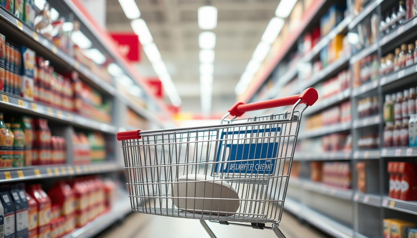 shopping cart in supermarket aisle in editorial style