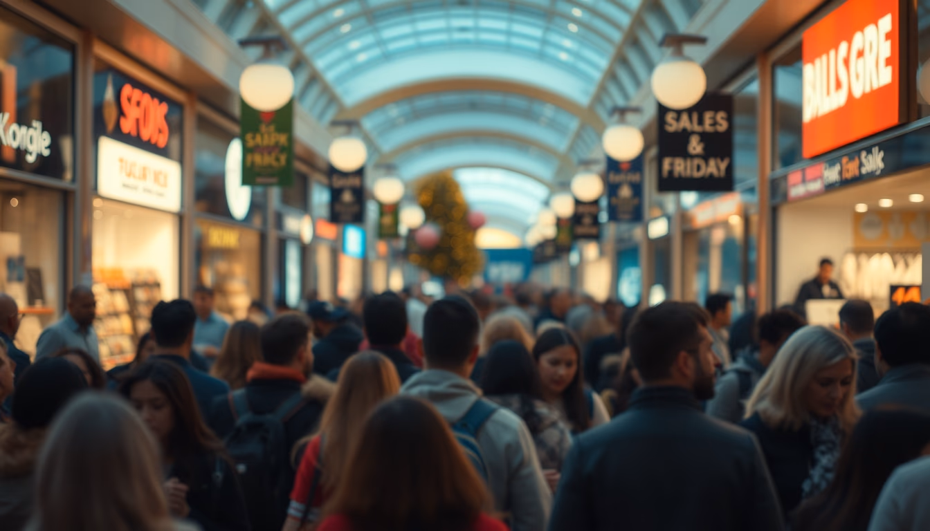 shopping mall crowd during Black Friday sales in editorial style